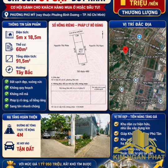 Bán đất nền Phú Mỹ Thủ Dầu Một: Diện tích 91,5m2 vuông vức, giáp KĐC Phú Tân